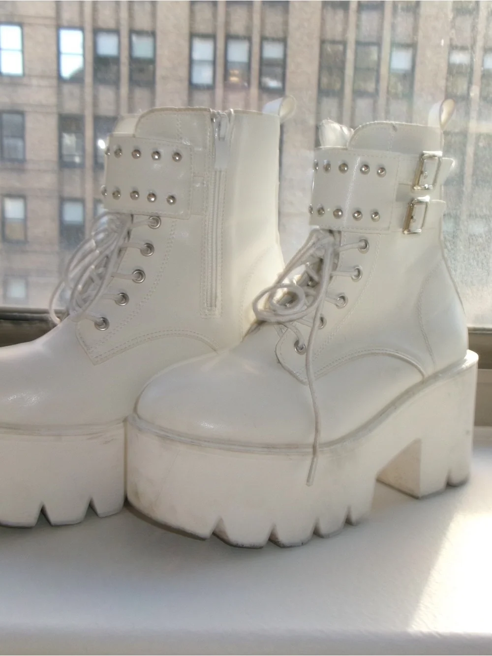 White Platform Lace-Up Ankle Boots with Buckle Detail